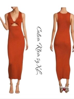 Calvin Klein Twist V-Neck Cutout Sleeveless Midi Dress Rust Orange sz XL NWT